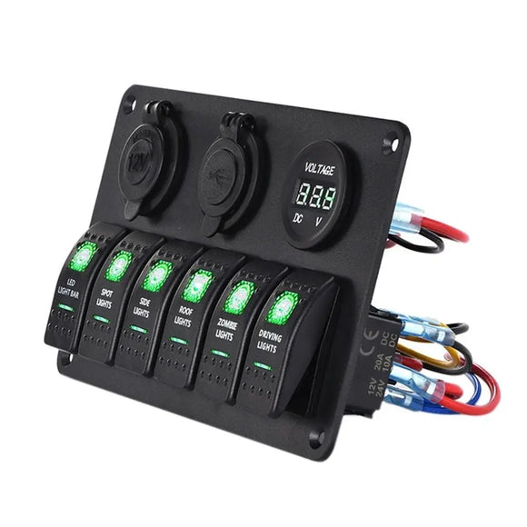 12 V~24V  Dual USB Charging 6 Toggle Rocker Control Switch Panel