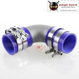 57mm 2.25" Cast Aluminum 90 Degree Elbow Pipe Turbo Intercooler+ Silicone Hose Kit Blue