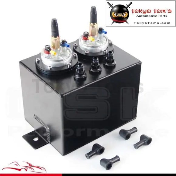 3L High Flow Fuel Swirl Surge Pot Tank + 2Pcs External 044 Dual Fuel Pump  Black/ Silver