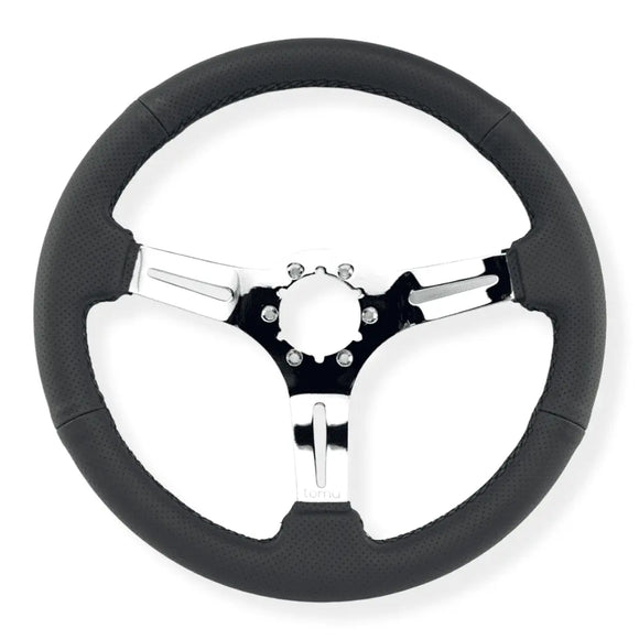 Tomu Fuji Black Perforated Leather and Chrome Spoke Steering Wheel