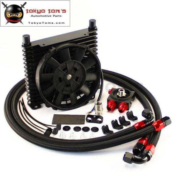 10An 32Mm 15 Rows Universal Engine Oil Cooler+73 Degree Thermostat Sandwich Plate Kit +7 Electric