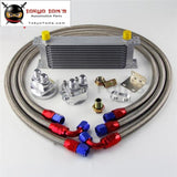 13 Row An10 Universal Engine Transmission Oil Cooler British Type + Filter Adapter Kit Silver/blue
