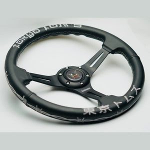 14" 350mm The Original "BARBWIRE" Leather Steering Wheel - Silver Stitching [TokyoToms.com]