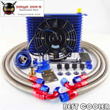 15 Row 10An Universal Trust Oil Cooler Relocation Kit + 7 Electric Fan Blue