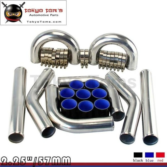 2.25 57Mm Universal 8Pcs Intercooler Pipe Piping+ Silicone Hose T-Clamp Kit Aluminum Piping