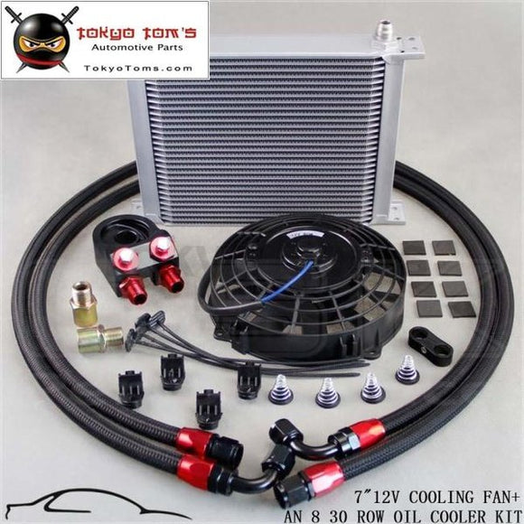 30 Row -8An An8 Engine Transmission Oil Cooler + 7 Electric Fan Kit Black / Silver
