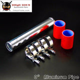 57Mm 2.25 Aluminum Turbo Intercooler Pipe Piping Tubing + Silicon Hose Red T Bolt Clamps Kits