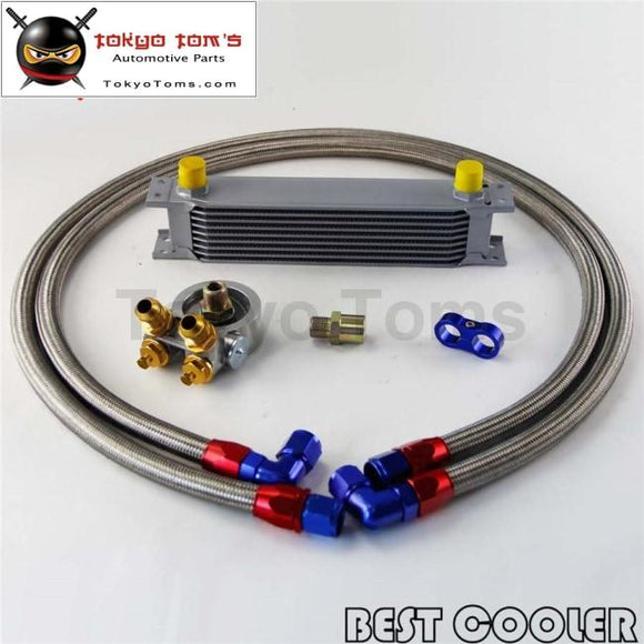 9 Row Engine Oil Cooler W/ Thermostat 80 Deg Filter Adapter Kit Silver / Black