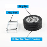 Creative Rubber Tire Wheel Rim Shaped Bottle Cup Coasters Car Truck JDM Enthusiast Home Decoration (4PCS Coasters+1PCS Shelf)