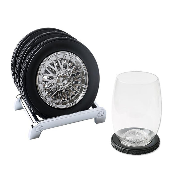 Creative Rubber Tire Wheel Rim Shaped Bottle Cup Coasters Car Truck JDM Enthusiast Home Decoration (4PCS Coasters+1PCS Shelf)