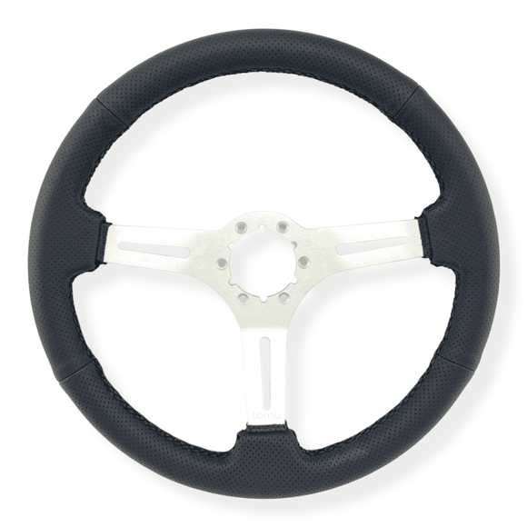 Tomu Akagi Silver Alloy with Black Perforated Leather Steering Wheel - Tokyo Tom's