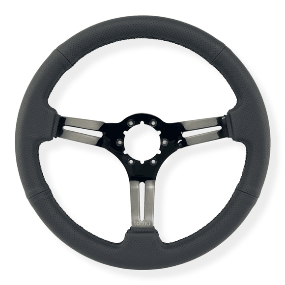 Tomu Fuji Black Perforated Leather and Black Mirror Chrome Spoke Steering Wheel - Tokyo Tom's