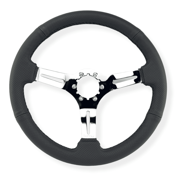 Tomu Fuji Black Perforated Leather and Chrome Spoke Steering Wheel - Tomu - [www.Tomu-Store.com]