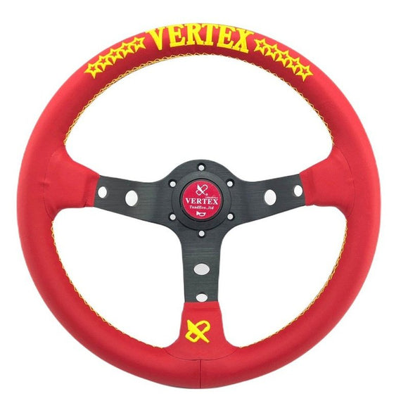 Vertex Stars Red Leather Sport JDM Steering Wheel Embroidered inch - www.JDMNinja.com