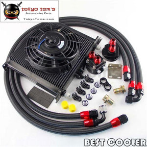 An10 Universal 34 Row Engine Filter Relocation Oil Cooler+7 Electric Fan Kit Black Cooler