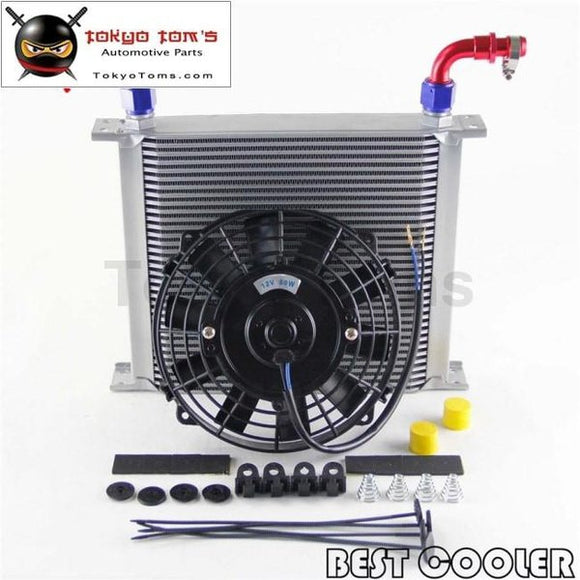 An10 Universal 34 Row Engine Oil Cooler W/ 90 Degree Fittings + 7 Electric Fan Kit Sl
