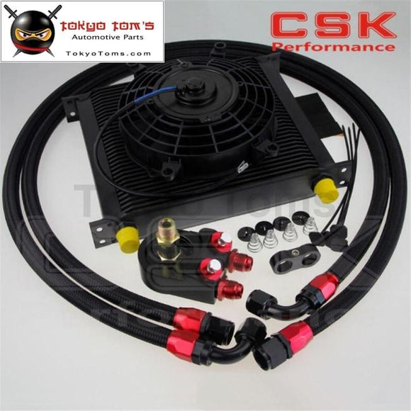 Universal 34 Row Engine Transmission 10An Oil Cooler Kit+ 7 Electric Fan Kit Bk